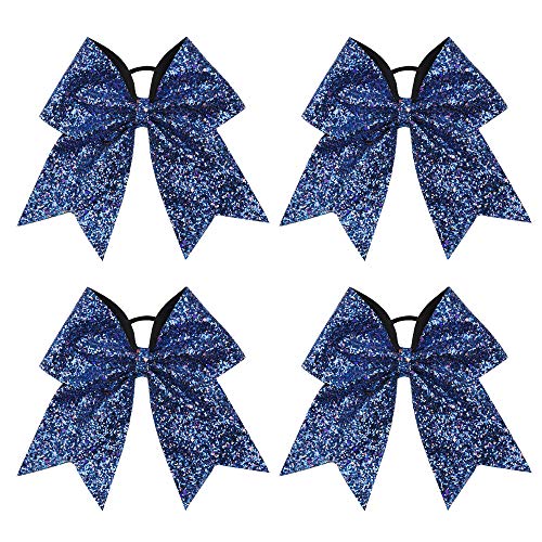 Ncmama 7" Navy Glitter Cheerleader Hair Bows For Girls Ponytail Holder Large Boutique Bow For Teens Cheerleading Pack of 4