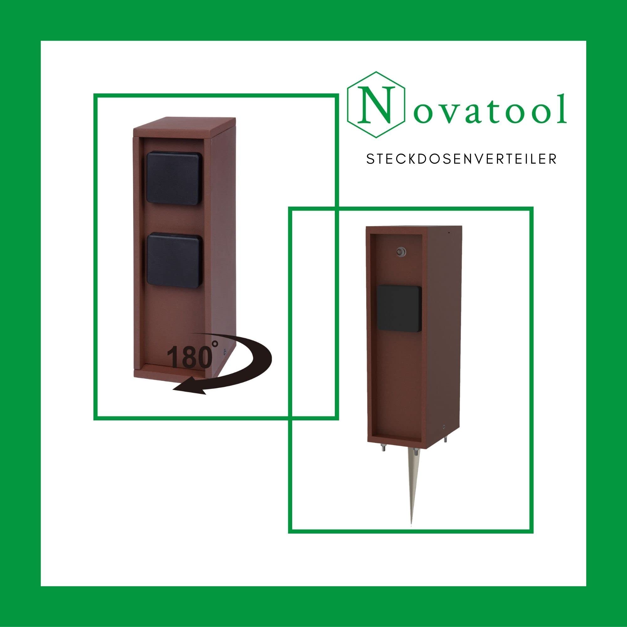 Novatool 4 x kolumna z 3 gniazdami zewnętrznymi, brązowa, stal nierdzewna, prostokątna, IP44, z ostrzem do wbijania w ziemię, gniazdko ogrodowe, do użytku na zewnątrz, do ogrodu, wieża z gniazdkiem