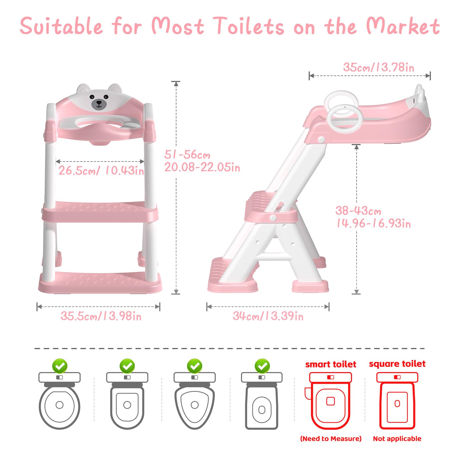 Riduttore WC Bambini, Sedile Rialzato per Bambini Maschi e Femmine, Riduttore WC 2 in 1 con Scaletta, Riduttore WC Sedile del Water con Seggiolino per Bambini, Pedana Antiscivolo Anti-Spruzzo, Rosa