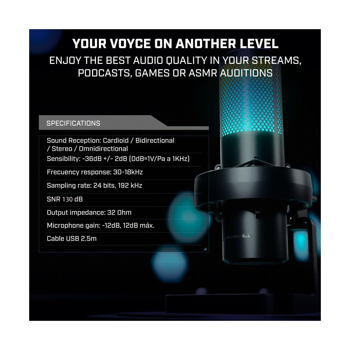 NEWSKILL Apholos Pro, Microphone à condensateur Professionnel pour Le Jeu et Le Streaming, 4 Modes de Captation, Boutons tactiles, éclairage RVB, Connexion USB, Noir