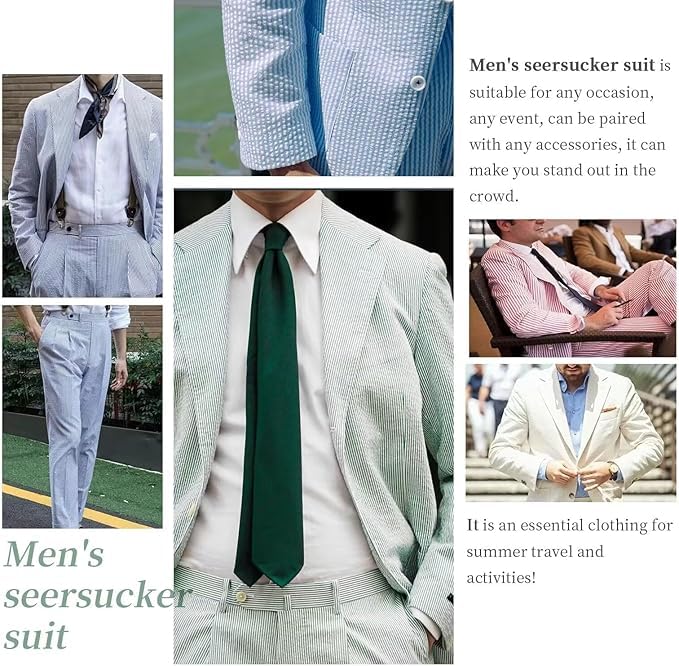 Men 2 Pieces Seersucker Suit Casual 2 Button Slim Fit Striped Suits for Men Summer Wedding Prom&Vacation&Date4