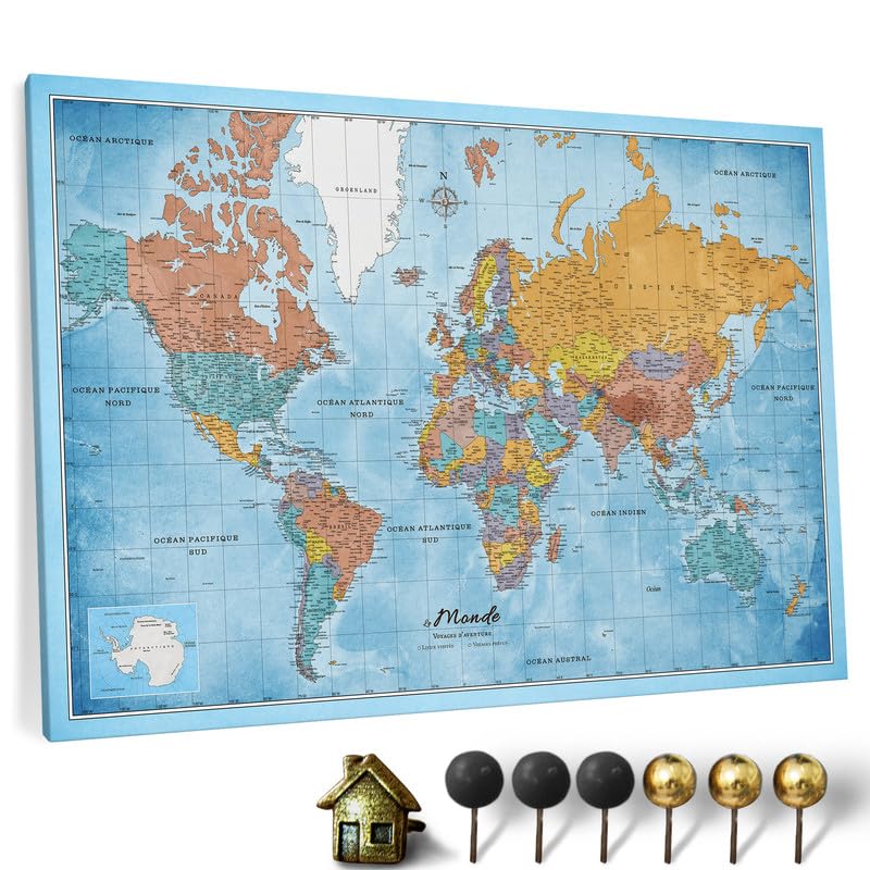 Carte du monde en toile avec tableau d'affichage en liège - Labels en Français - Décoration murale décorative pour toutes les pièces - Tableaux sur toile (90x60 cm, Motif 10 French)