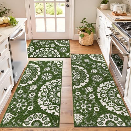 Yamaziot Christmas Kitchen Rug Sets 3 Piece Non Slip Kitchen Mat Washable Kitchen Runner Rugs Farmhouse Floral Throw Rugs for Entryway, Hallway, Laundry (Green)