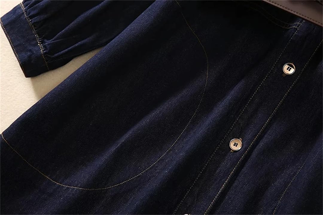 Abito da donna in denim blu all'inizio dell'autunno con colletto alla coreana tasche in cintura abito abiti larghi casual con bottoni