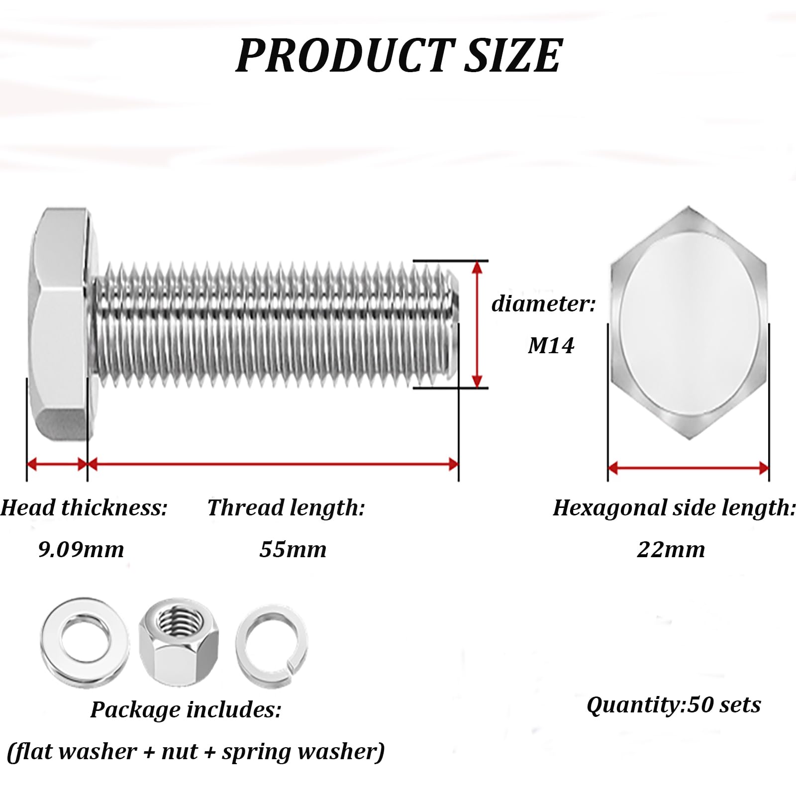 Juego de 50 Piezas de Tornillos hexagonales y Tuercas de Acero Inoxidable 304, diámetro M14, Longitud del Tornillo de 55 mm a 100 mm para reparación de Muebles y ensamblaje mecánico,55mm