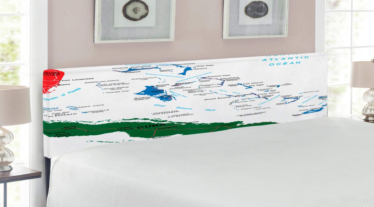 Ambesonne Wanderlust Headboard, Bahamas Map Beach Cayman Islands Geography  District Holiday Tourism, Upholstered Decorative Metal Bed Headboard