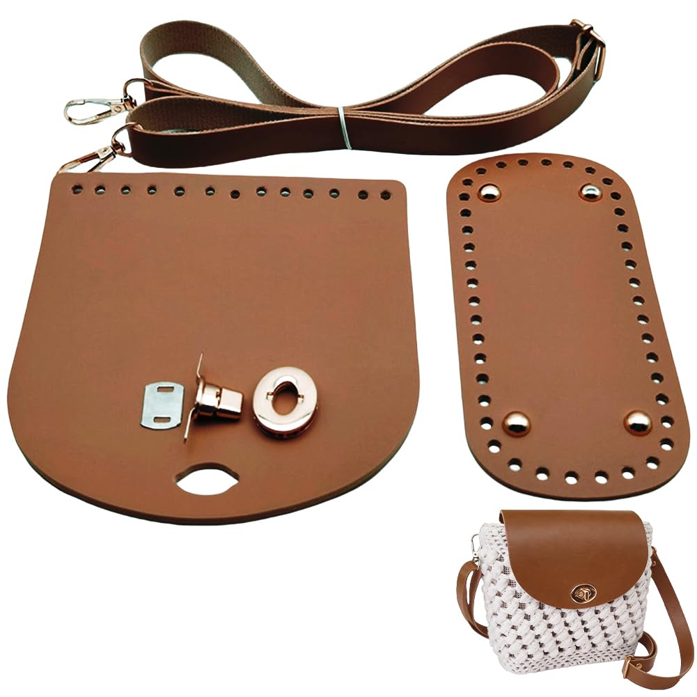 CALFOVERA DIY PU Leather Oval Handbag Bottom Knitting Kit Adjustable Shoulder Strap Purse Top Flap Cover Handbag Crochet Bag Base Shaper Pad Accessories for Crossbody Purse Making Replacement(Orange) — image 1