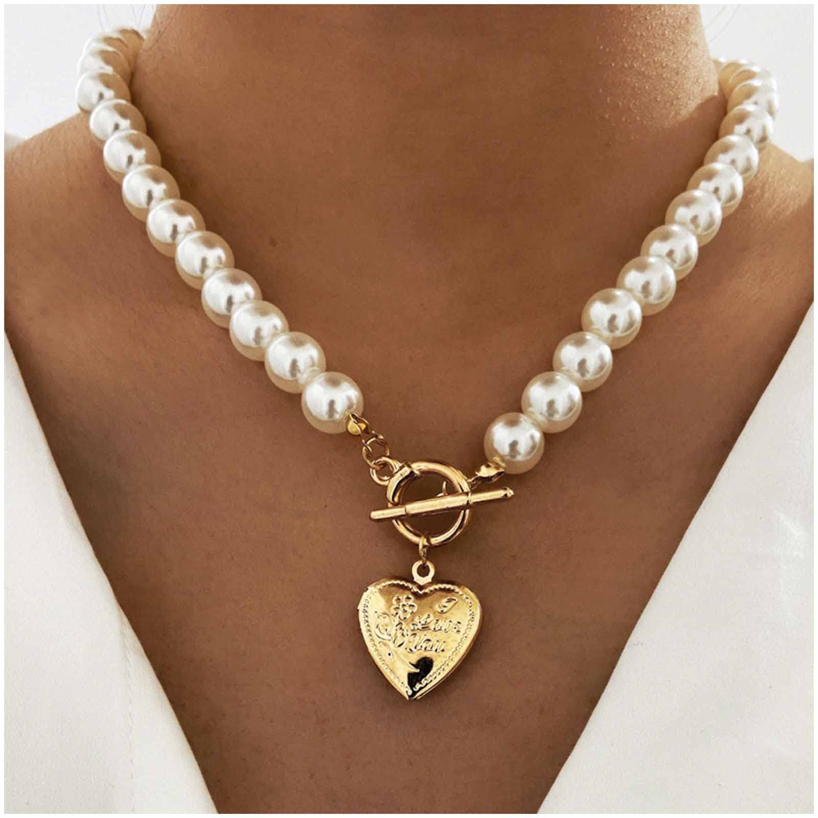Cimenexe Vintage Collar Colgante De Corazón Collar De Perlas Grandes Gargantilla Oro Toggle Cadena Collares Letra Inicial Collar De Gargantilla Para Las Mujeres Y Las Niñas