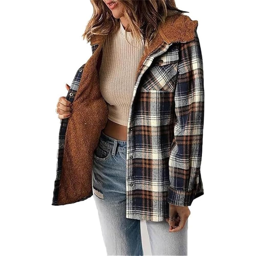 Abrigo Con Capucha Y Botones En La Parte Delantera Con Estampado A Cuadros Exclusivo Para Mujer 2024, Chaqueta Con Capucha A Cuadros Para Mujer, Chaquetas Con Capucha A Cuadros