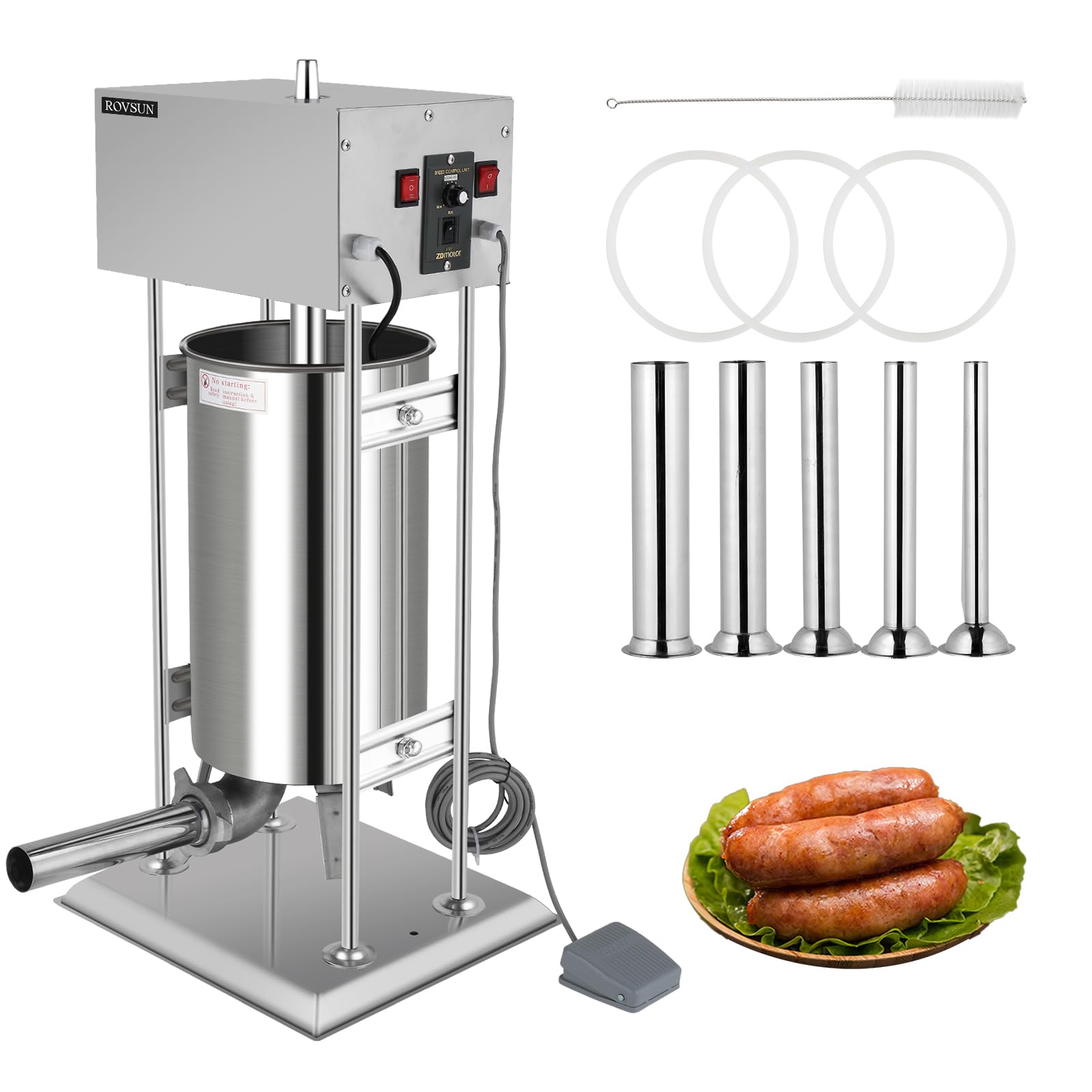 ROVSUN 66LBS/30L Electric Sausage Stuffer, Adjustable Speed Stainless Steel Sausage Maker Meat Stuffer, Heavy Duty Vertical Electric Stuffer Sausage Filler with 5 Stuffing Tubes, Home & Commercial