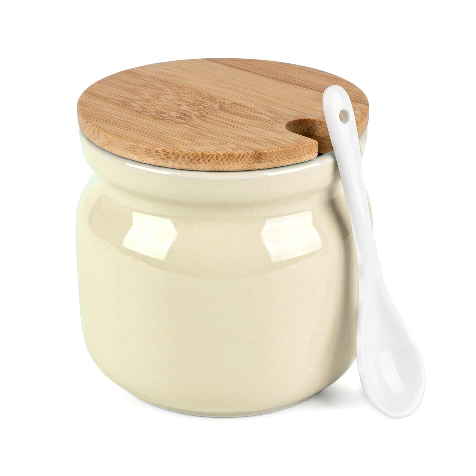Merzio Ceramic Sugar Bowl, 300ml Seasoning Storage Jar Farmhouse Sugar Pot Salt Container with Lid and Spoon for Coffee Bar and Home Kitchen (White)