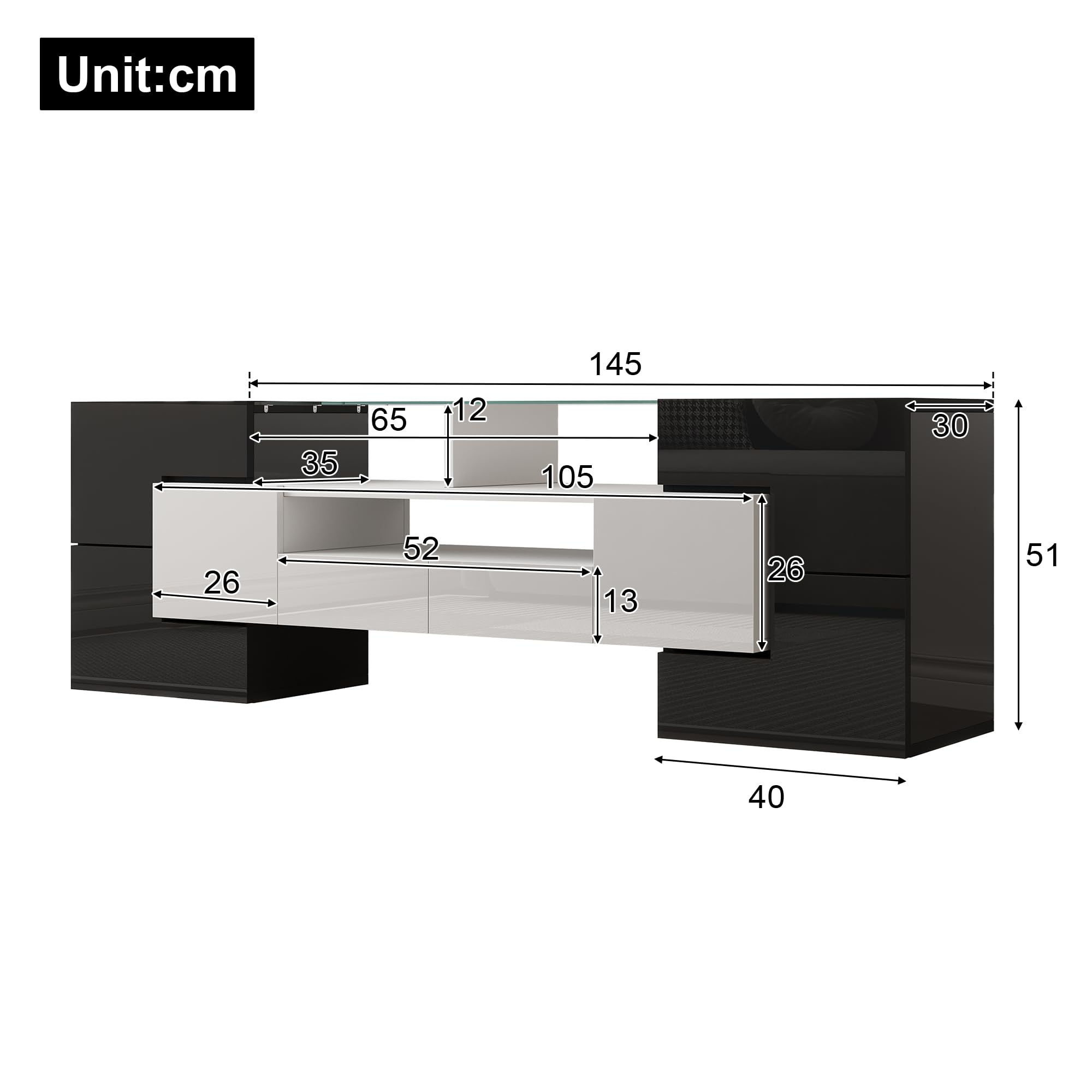 Elegante mobile TV Lowboard bianco lucido 145 cm illuminazione LED mobili soggiorno design moderno elegante finitura in vetro (bianco+nero)