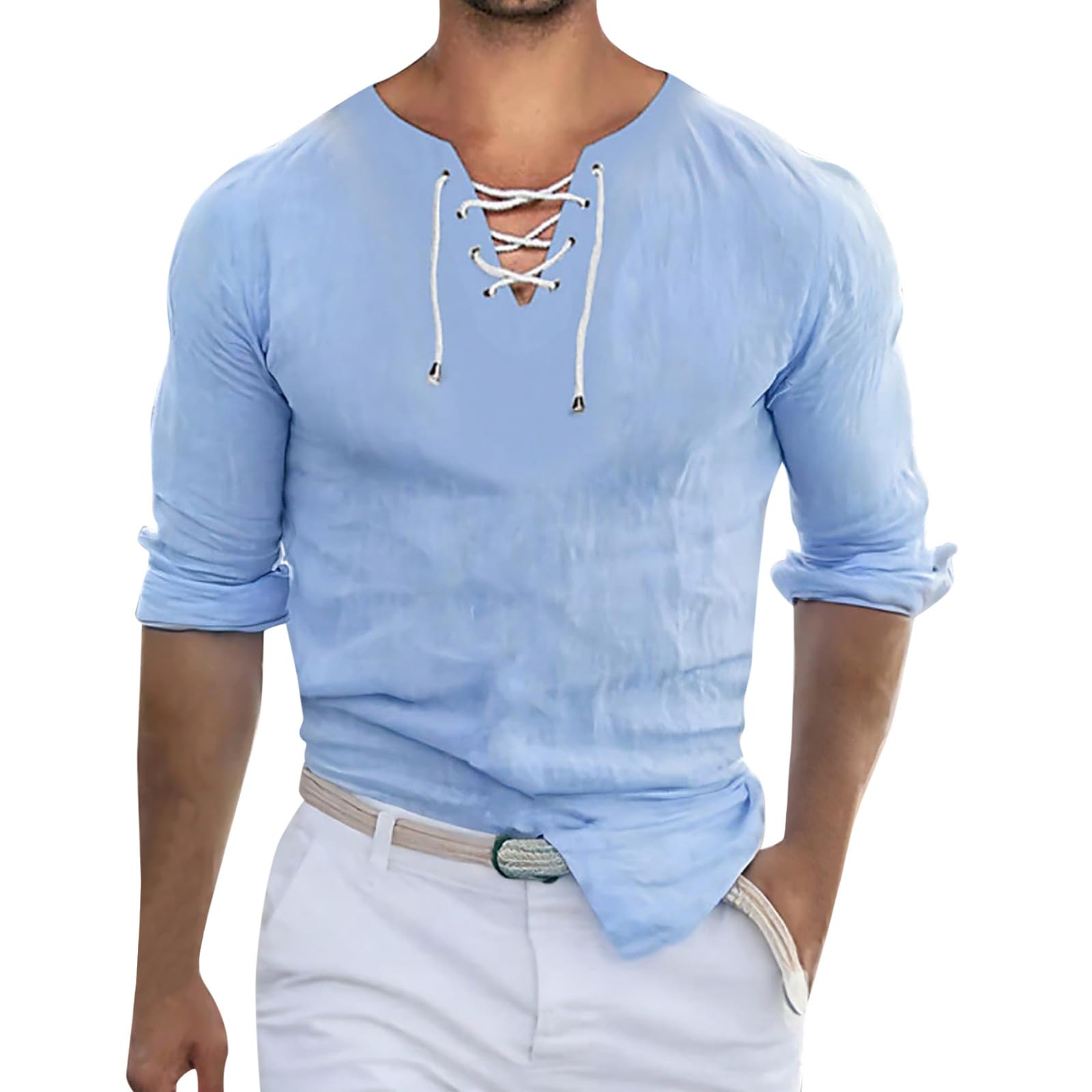 Beokeuioe Camisa de manga larga de lino para hombre, de verano, para la playa, cuello en V, para el tiempo libre, con cordones, estilo vintage, manga larga