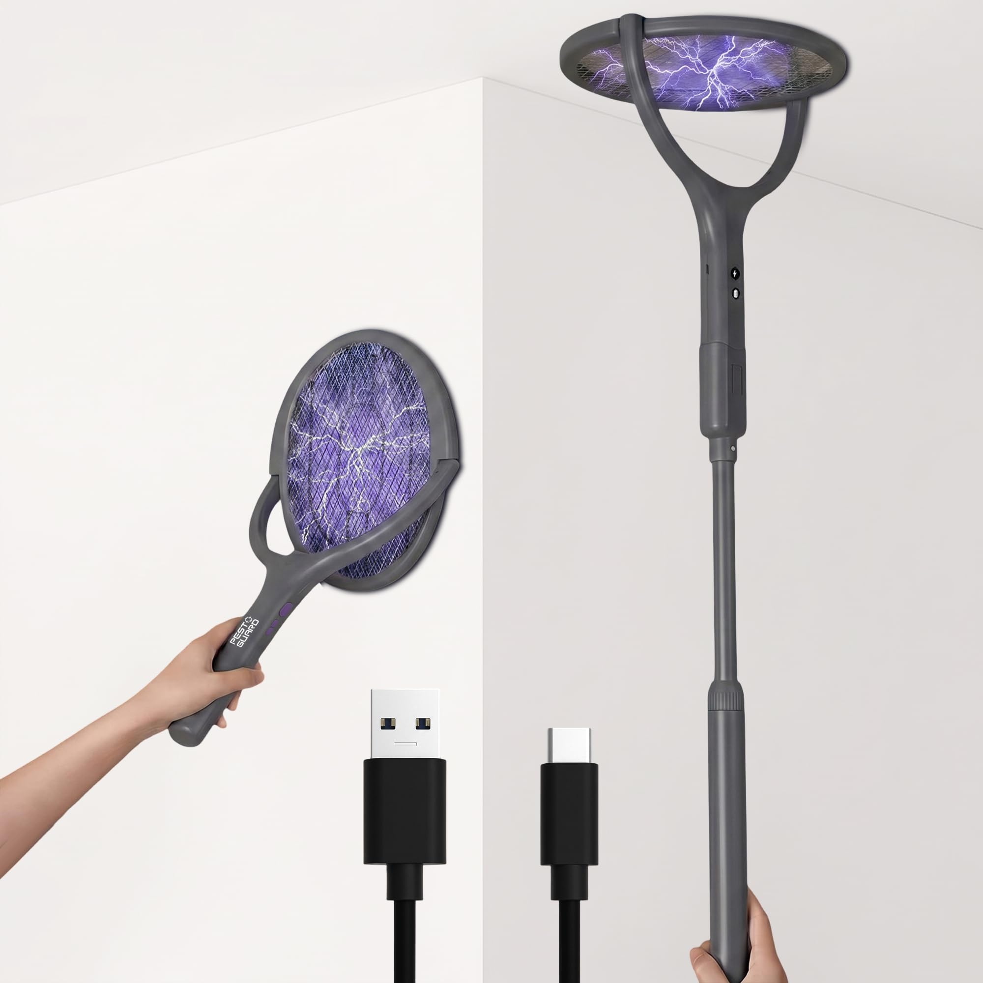 Telescopic Electric Fly Swatter Racket - USB Type-C Rechargeable Bug Zapper with Rotatable Head - Fly Zapper Racket for Mosquito & Flying Insect Control for Outdoor & Indoor - Chemical Free Design