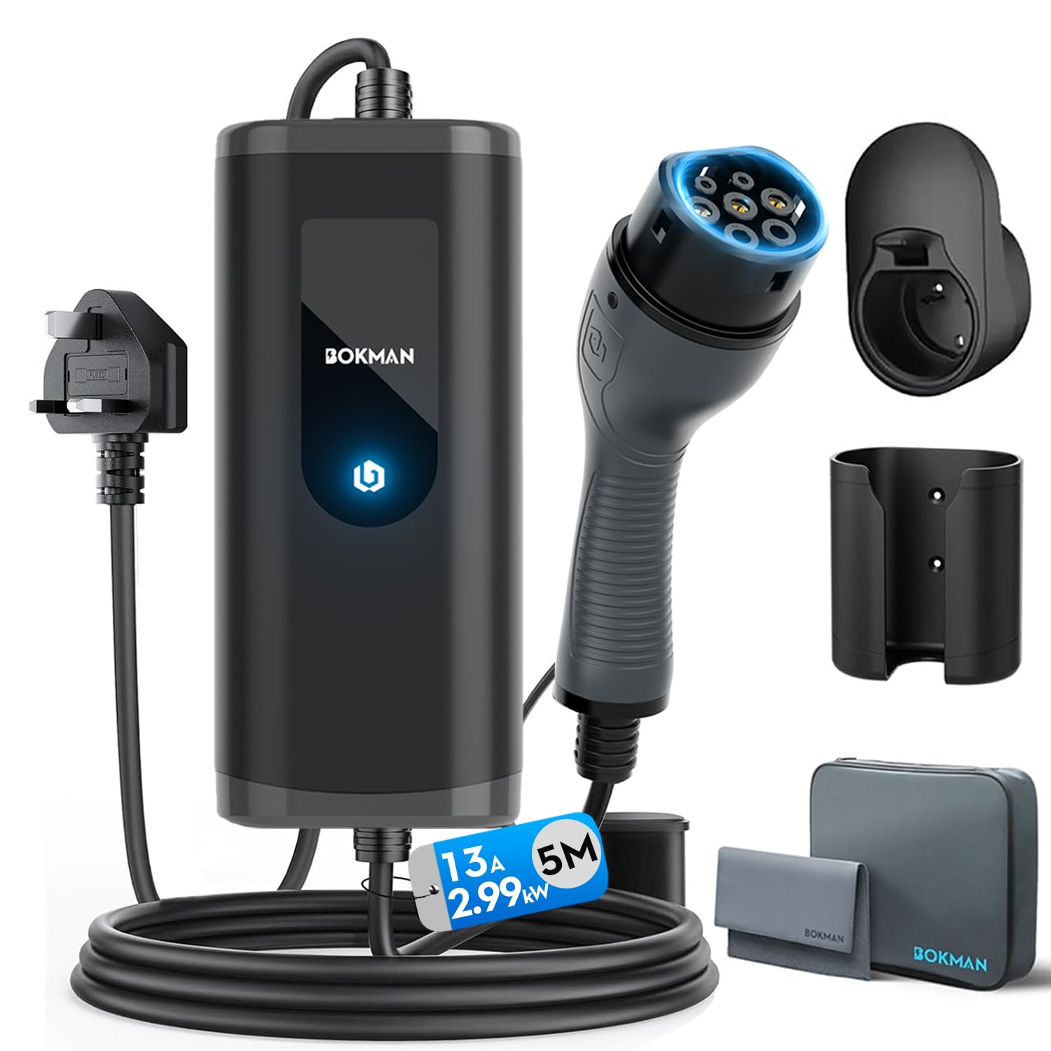 bokman EV Charger Type 2 to 3 Pin Plug, 5M / 2.99kW / 13A / IP65 Waterproof, Electric Car Charger with LED Indicators with Carry Bag & Microfiber Towel