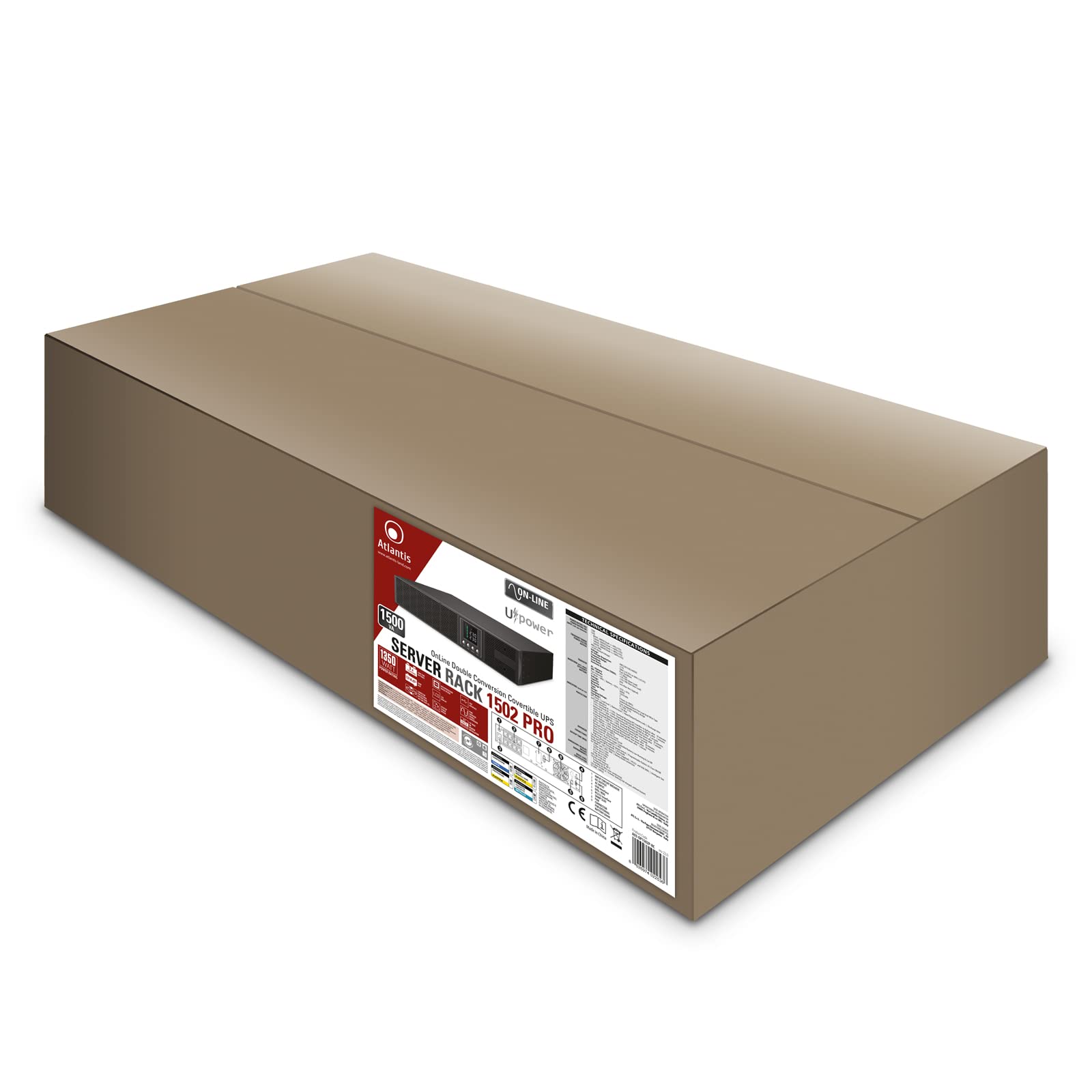 Atlantis A03-OP1502P-RC Pro Onduleur (UPS) Online Double Conversion et Pure sinusoïde avec Une Puissance de 1500VA 1350W, Serveur Rack, écran LCD, USB, RS-232, 8 Sorties IEC, Slot SNMP, 3x12V-9Ah