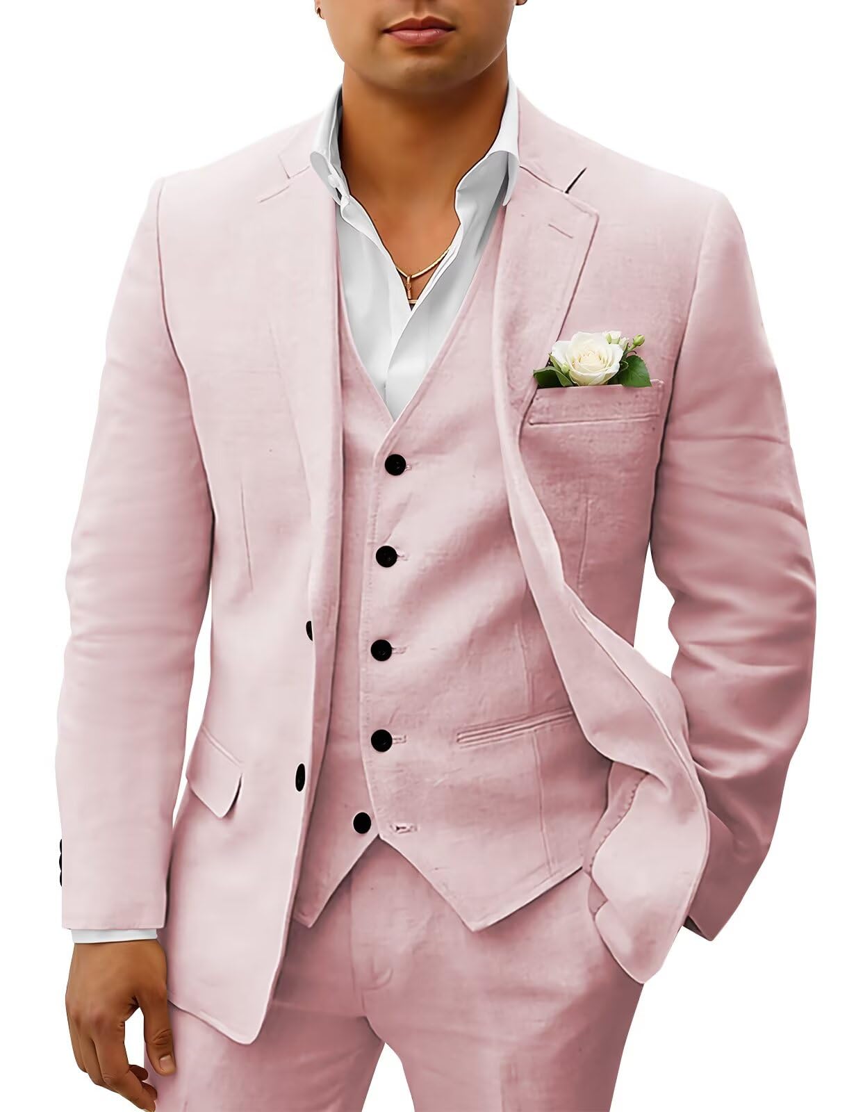 HUUTOE Men's Linen Suits 3 Piece, Beach Wedding Groomsmen Suit, Summer Casual Linen Blazer Vest and Pants Tuxedo Set