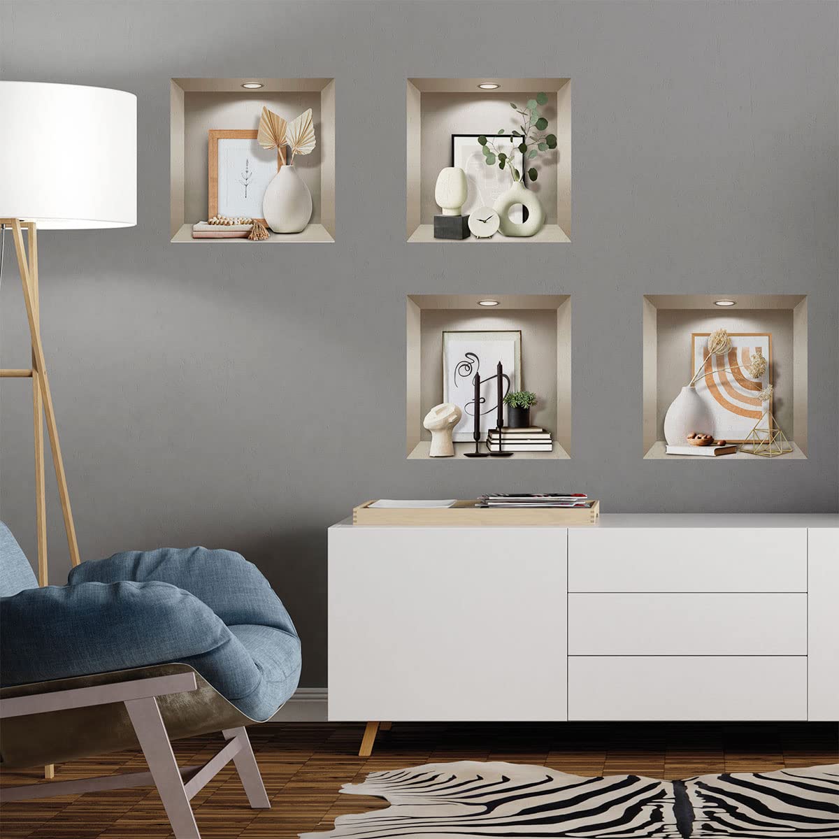3D-Aufkleber, selbstklebend, 3D-Effekt, Vasen und Design-Objekte – Wandaufkleber für Schlafzimmer Erwachsene 3D – Dekoration Wohnzimmer – Wandaufkleber Schlafzimmer, 60 x 60 cm