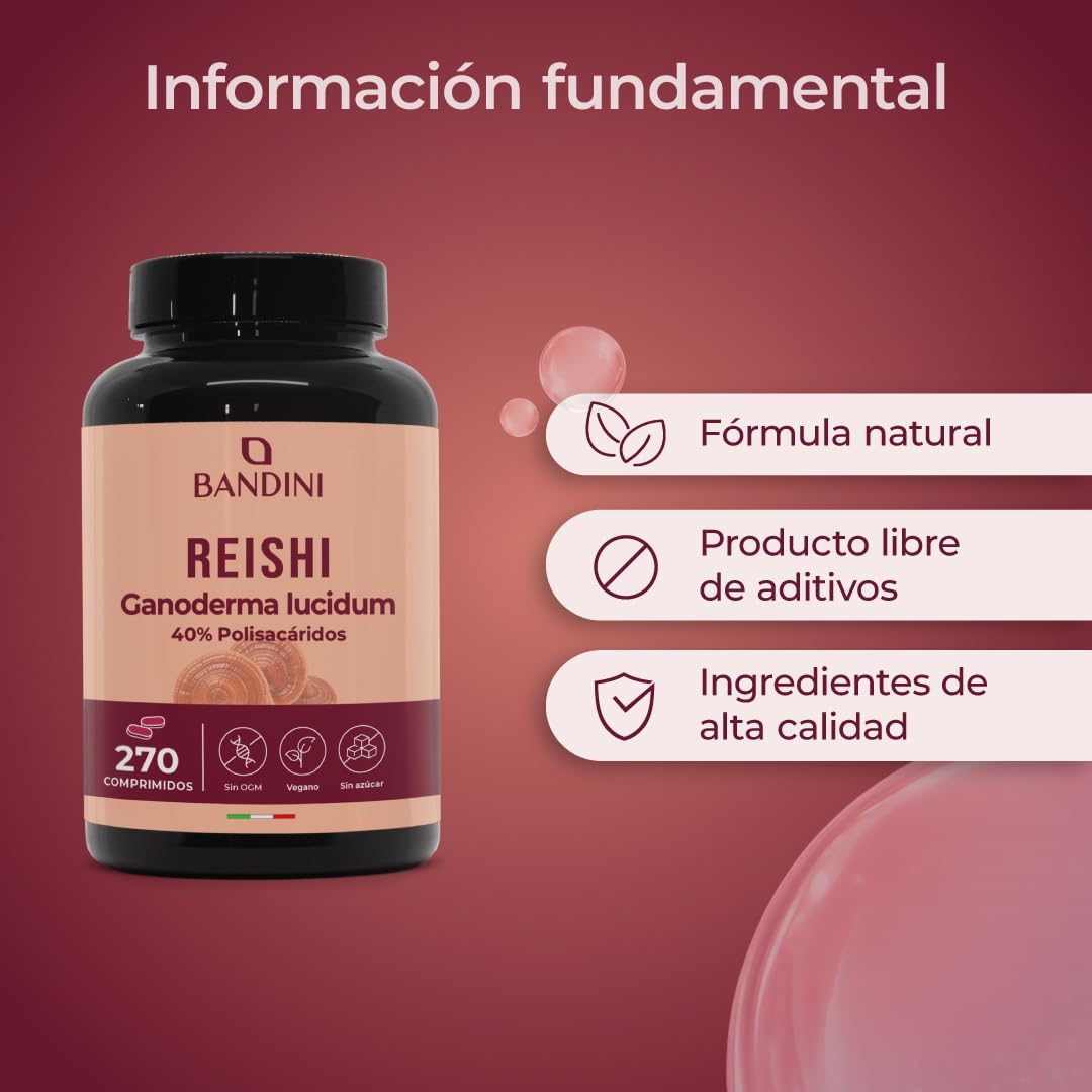 Bandini® Reishi hongo 270 comprimidos | Equivalentes de 16.900 mg (13:1) | 40% de polisacáridos | Extracto de Ganoderma Lucidum | Para +4 meses | Complemento alimenticio puro 100% Vegano y Natural