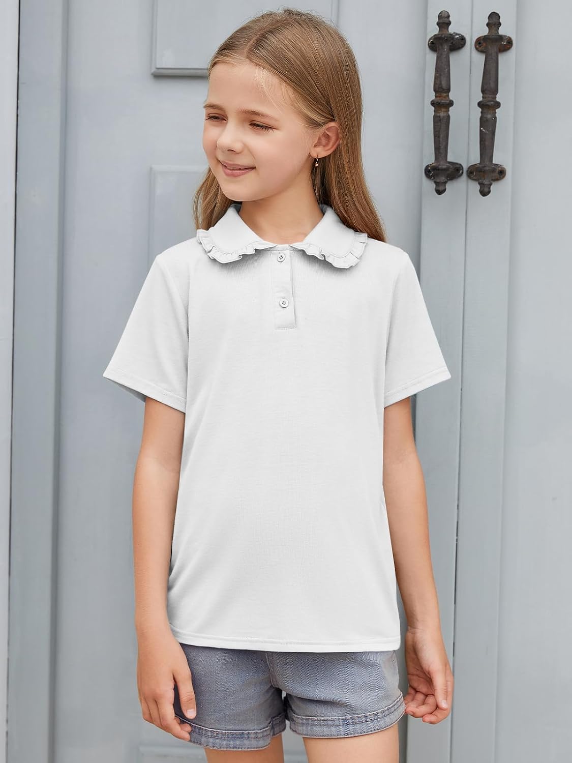 Girls Ruffle Peter Pan Collar Polo Shirt Kids School Uniform Tops Short Sleeve Tshirts