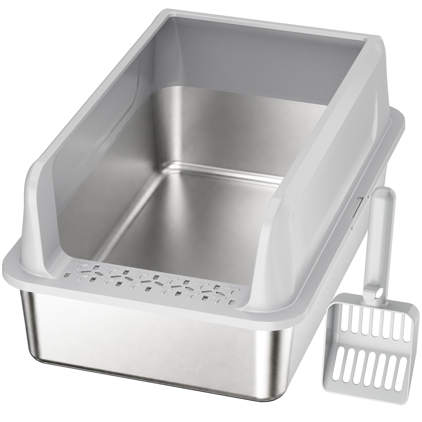 Lifewit Große Katzenklo Edelstahl mit Schaufel, Offene Katzentoilette mit hohem Rand für Mittelgroße und Große Katzen, Geruchsarm Katzen Klo, Cat Litter Box, leicht zu reinigen, 58x37x26cm, Grau