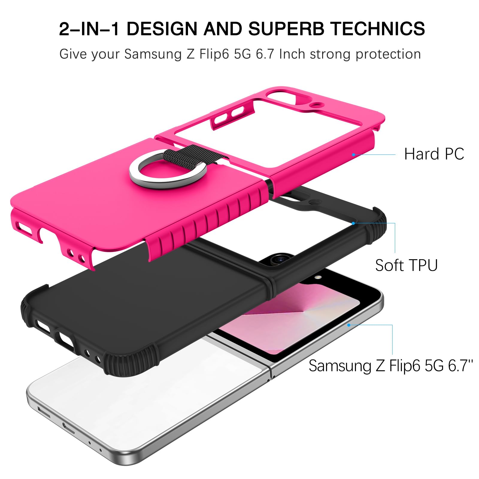BENTOBEN Handyhülle Für Samsung Galaxy Z Flip 6 – Stoßfest, Mit Ring, Rosa-rot