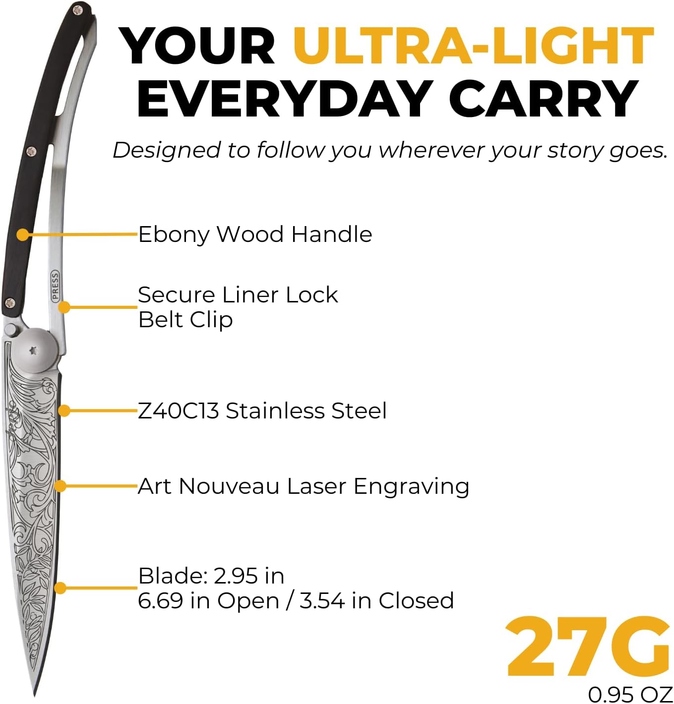 deejo - 27G Folding Pocket Knife with Belt Clip - Art Nouveau Design, 2.95-Inch Stainless Steel Blade, Ebony Wood Handle - Lightweight Everyday Carry for Home, Work, and Outdoor Use