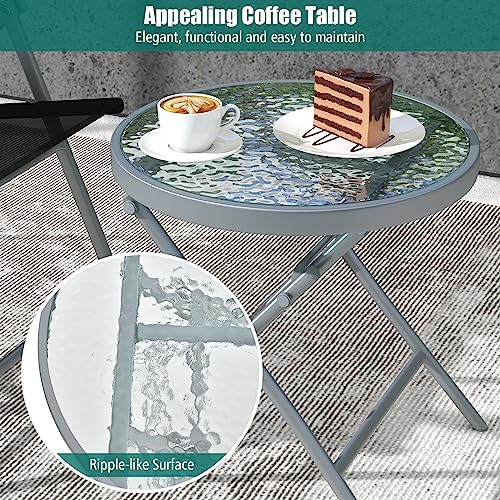 Image of Tangkula 3 Piece Patio Folding Chair Set, Outdoor Metal Conversation Set w /Coffee Table, Extra-Large Seat, Stable Metal Frame, Portable Folding Chair & Table Set for Front Porch, Backyard