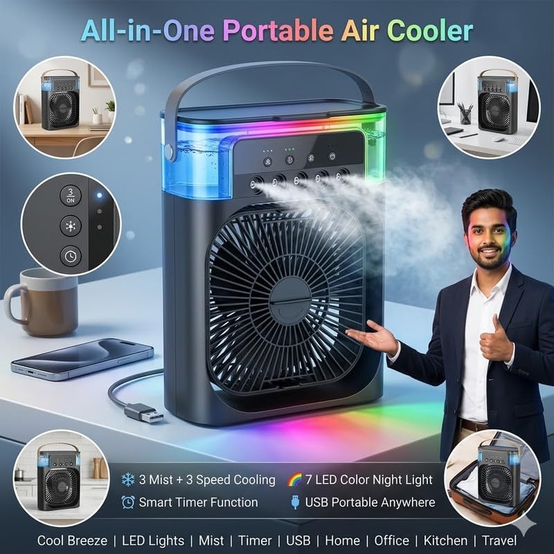 Image of (10 Years Assured Warranty) Mini Desk Air Cooler Fan Portable USB Powered with LED Lighting Mist Spray and Adjustable Speed Settings for Personal Cooling