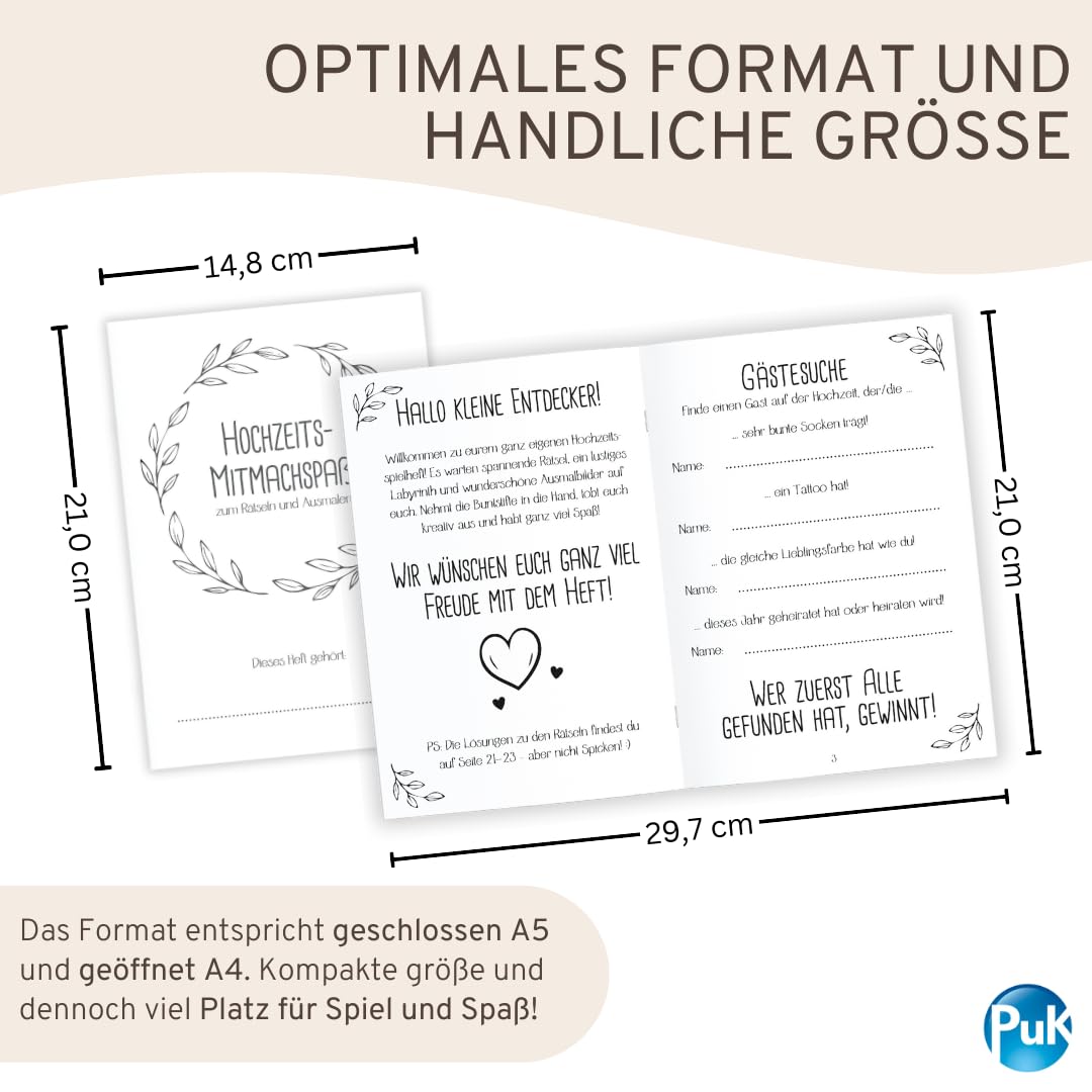 PuK Hochzeits-Mitmachspaß | Kinder-Beschäftigung Hochzeit Set | Malbuch & Rätselbuch für kleine Gäste | 6 oder 12 Hefte | Optional mit Buntstiften | Gastgeschenk Hochzeit Kinder (12, ohne Buntstifte)