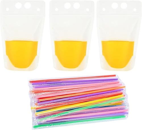 100 bolsas de plástico de pie con 100 pajitas, bolsas translúcidas con cierre resellable para bebidas frías y calientes
