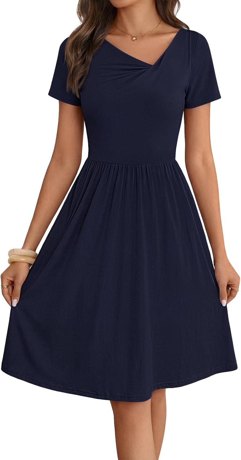 MEROKEETY Women’s Asymmetrical V Neck Sundress 2026 Spring Summer Short Sleeve Ruched Casual A Line Mini Dresses Pockets