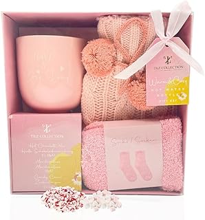 Hot Chocolate Gift Set with Mug, Socks, Marshmallows & Mini Hot Water Bottle – Luxury Cosy Christmas Hamper for Women, Friends, Teens – Winter Hot Cocoa Self Care Pamper Present & Festive Gift (Pink)