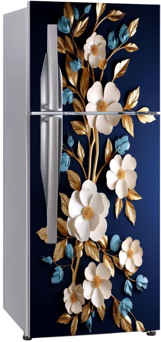 Double Door Fridge Sticker (24 x 63 Inch) | Multi-Color Waterproof Self Adhesive Vinyl Cover for Kitchen Refrigerator | 3D Decorative Peel & Stick Wrap (Blue Gold)-image-36