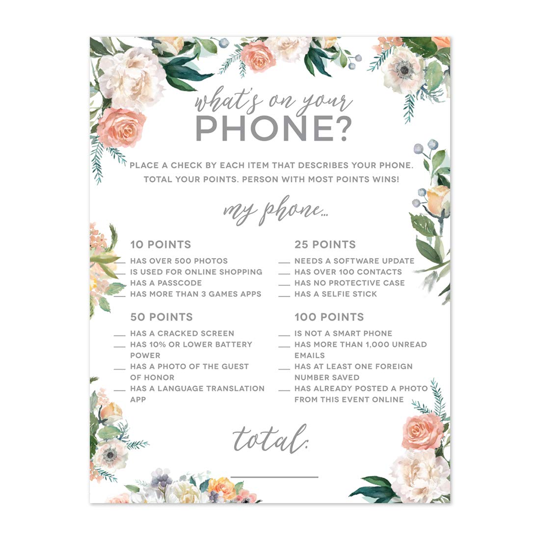 Andaz Press Baby Shower Game Cards – 'What’s On Your Phone?' 20-Pack, Peach Coral Floral Design - View #10