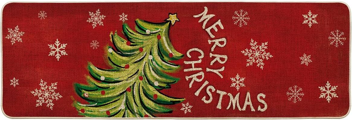 artoid mode xmas tree merry christmas doormat, snowflake winter home decor low-profile runner rug door mat floor mat for indoor outdoor 24x72 inch 2' x 6' (rectangular) red