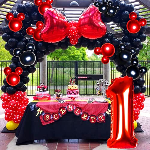 Cadeya Mouse Number 1 Birthday Balloons, 40”Black Red Aluminum Foil Balloons For Mouse Clubhouse 1St Birthday Party, Kids Theme Party Decoration Supplies #TOP4