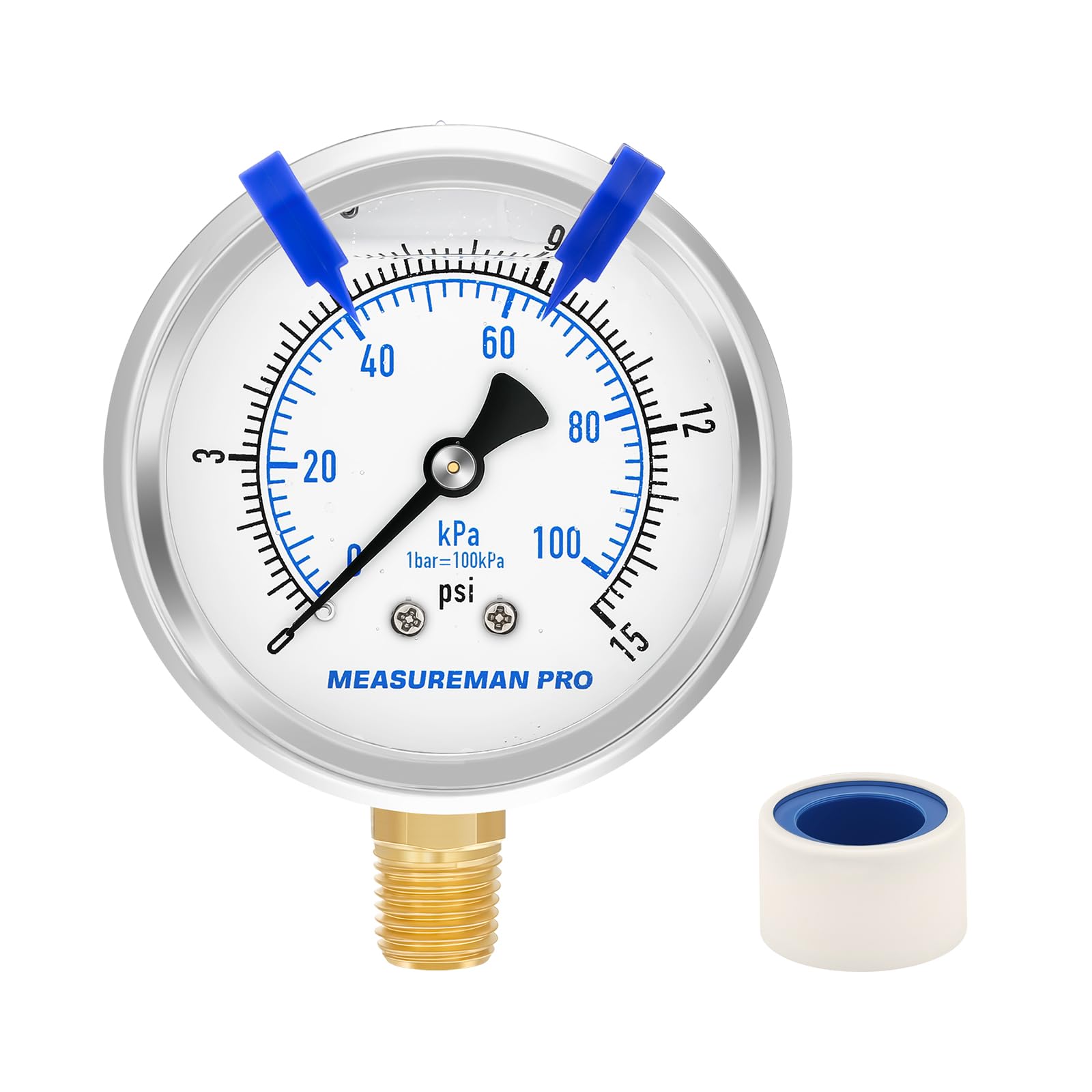 MEASUREMAN PRO 2.5 inch Dial Size, Glycerin Filled Pressure Gauge, 0 to 15psi/kpa, 304 Stainless Steel Case, 1/4"NPT Lower Mount,for Pool Sand Filter, Water Pump, Propane, Coolant, CO2, Gas Test-image-30