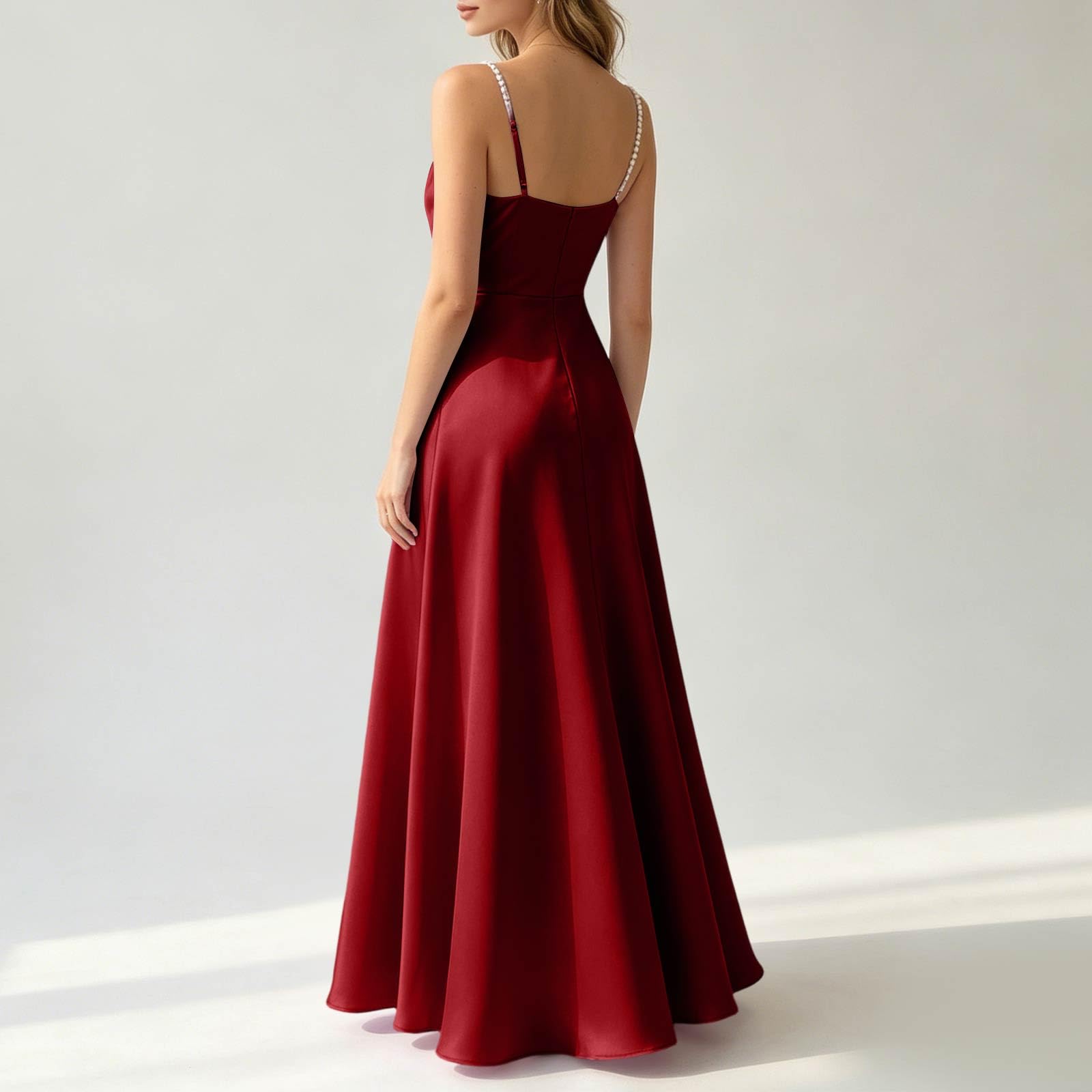 Trägerkleid Damen Abendkleid Satin Perlenbesatz Wasserfallausschnitt