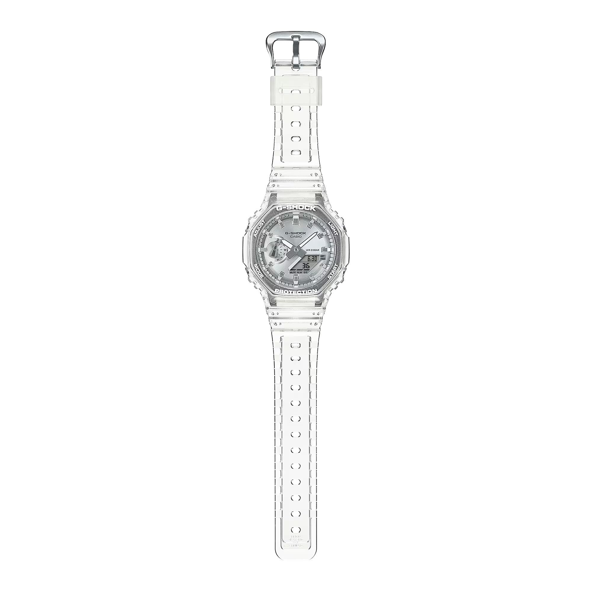 Casio G-Shock GA-2100BM-7A8ER Herren Analog-Digital Quarzuhr mit Edelstahlgehäuse, Transparentes Silikonarmband, Wasserdicht 20 bar, Weltzeit, LED-Beleuchtung, Stahl, 41 mm