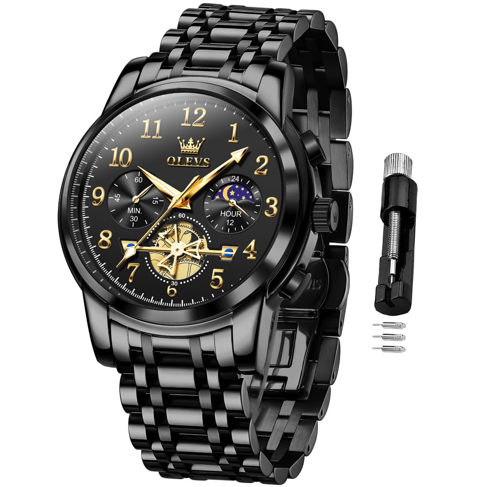 OLEVS Men's Business Watch Gold Blue with Large Easy-Read Analog Quartz Date Display Luxury Stainless Steel Band Waterproof Luminous Hands
