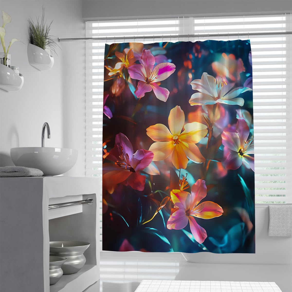 UERWOWELL Magic Colorful Flower Shower Curtain Dreamy Vibrant Florals Bath Curtains Modern Boho Bathroom Decor Set with Hooks Waterproof Fabric W180xL200 cm