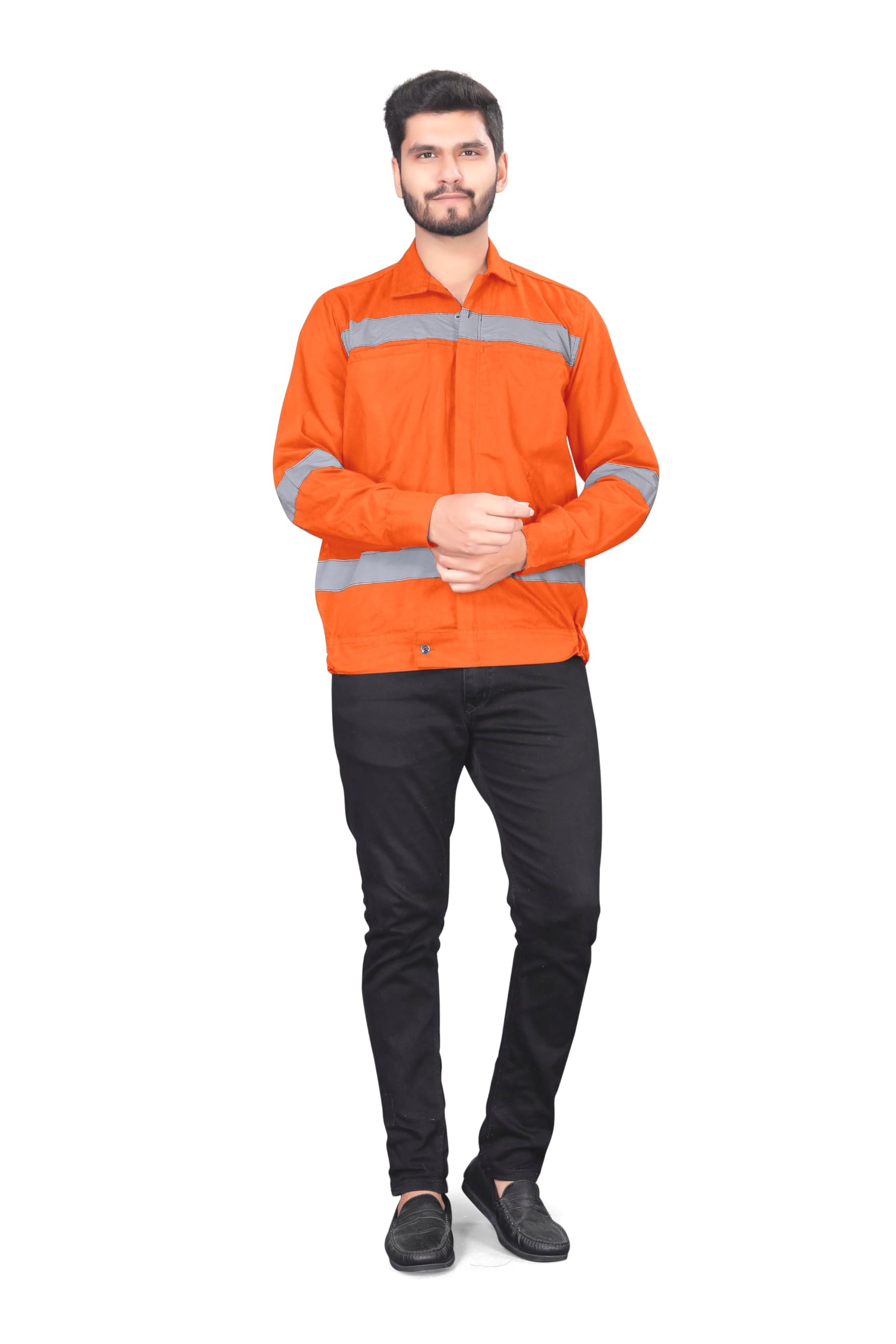 AREEVANZIndustrial Worker Workwear Full Sleevs Safety Jacket for Men's, Engineer, Supervisor with high visible reflective two inch double line tape & 240 Gsm Cottton (Front Site Four Pocket)