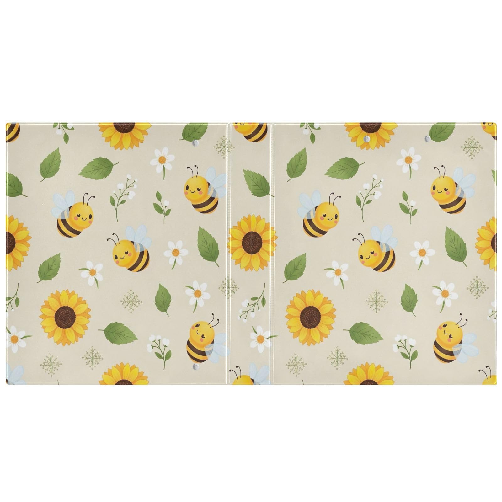 Raccoglitore a 3 anelli, confezione da 2 raccoglitori ad anelli a D con motivo api in stile cartone animato, fiori gialli, con portablocco, grandi raccoglitori a 3 anelli, per scuola, università