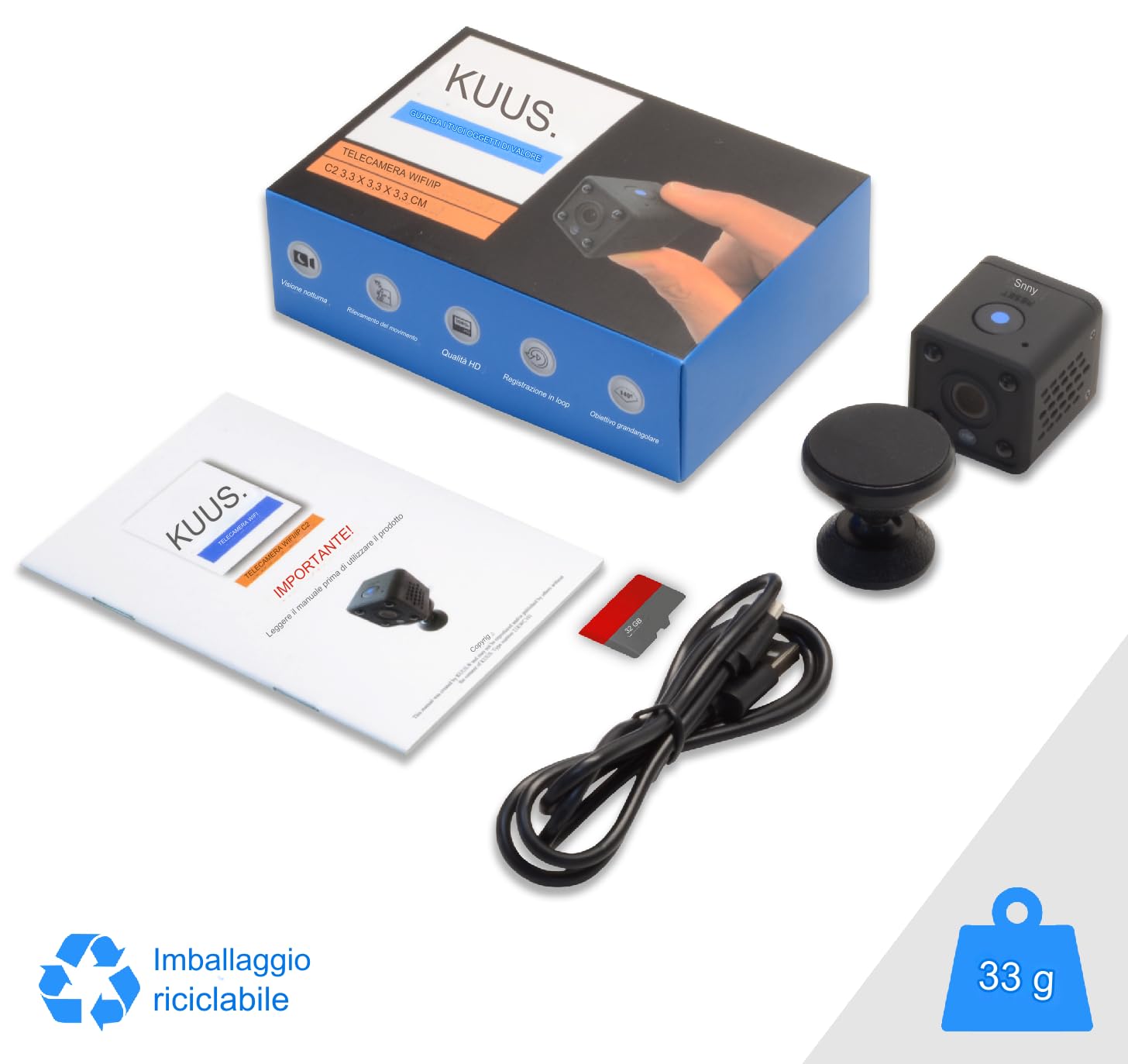 KUUS C2 Mini Telecamera Spia WiFi 3,2cm Full HD 1080P App, Telecamera Nascosta Microcamera Spia, Mini Telecamera Spia Nascosta, Visione Notturna, SD 32 GB, ONVIF Class U3 ISO Discreta Anonimo Pack