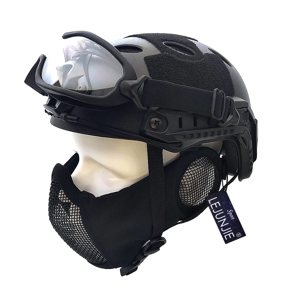 PJ Tactique Airsoft Casque Fast et Masque Demi-Masque Pliable avec Lunettes de Protection Intégrale pour Pistolet Paintball BB