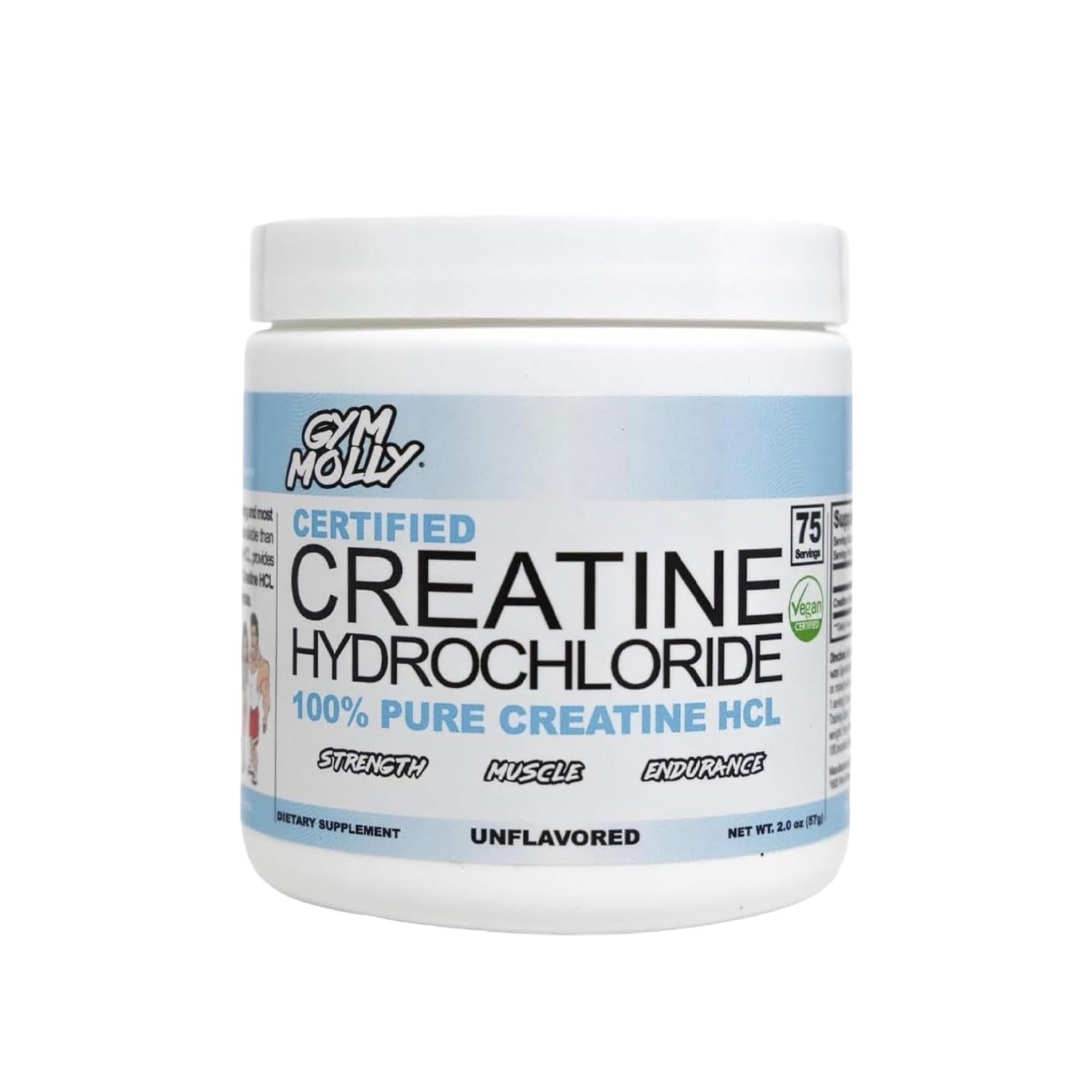 Gym Molly Creatine Hydrochloride Powder, Highly Soluble Creatine Hydrochloride, Unflavoured, Vegan, Workout Supplement for Men and Women, Muscle Builder Creatine Supplement (75 Servings, 750mg)
