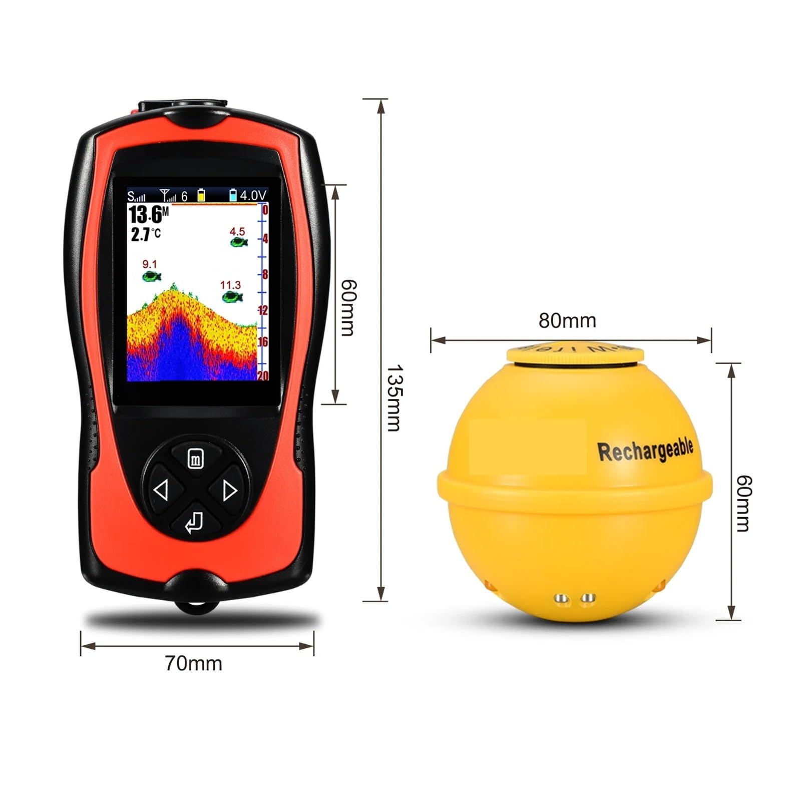 Sondeur de pêche sans Fil Rechargeable, capteur de Profondeur d'eau de 45 m, échosondeur de pêche Portable