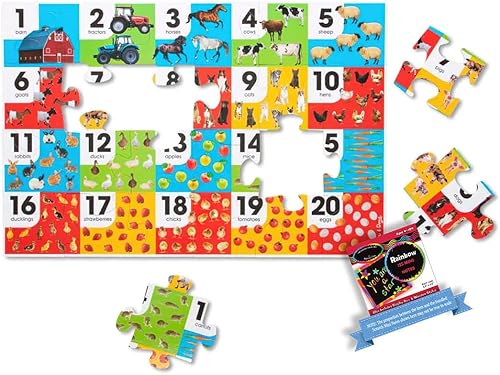 Melissa & Doug Número de granja paquete de rompecabezas de suelo de 24 piezas con 1 tema compatible con M&D Scratch Fun Mini Pad (31002)