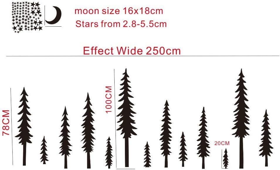 Nursery Wall Decal Forest Pine Trees with Moon Stars Wall Decor Sticker Art Removable Trees Decoration Stickers for Kids Room AM12 (Black Tree White Stars)